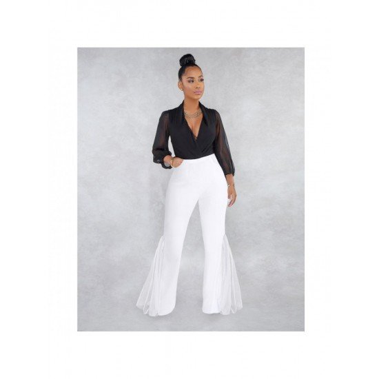 Irregular Ladies White Elastic Waist Flare Trousers 