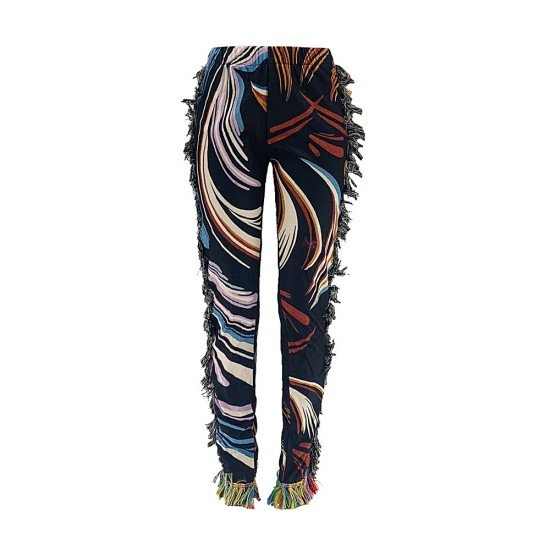  Casual Color Printing Tassels Fringe Velvet Pants