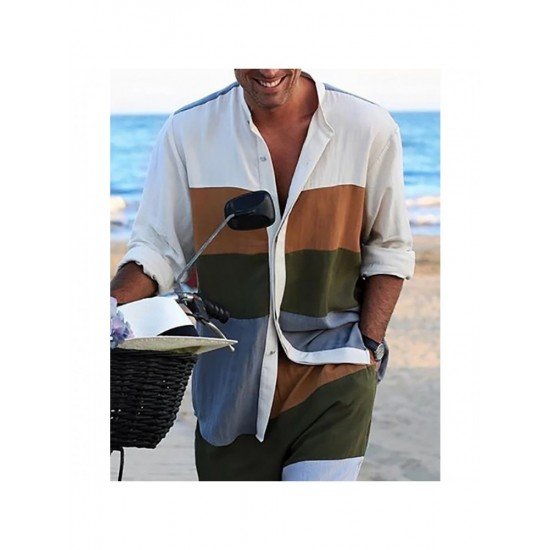 Stand Collar Color Blocking Loose Shirts For Men