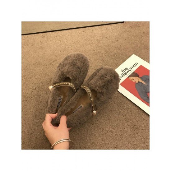  Pure Color Plush Women's Fur Flat Shoes