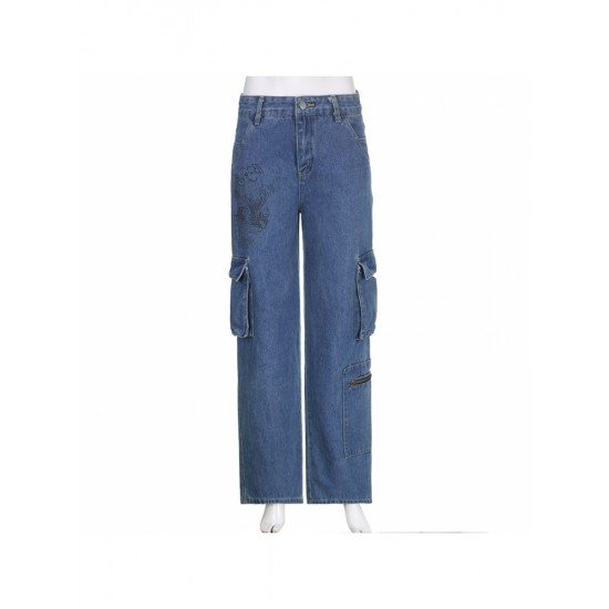  Street High Waist Goldfish Embroidered Denim Jeans