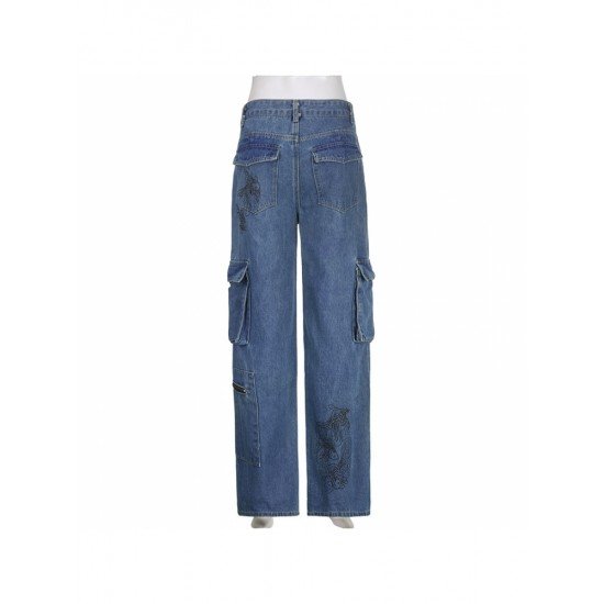  Street High Waist Goldfish Embroidered Denim Jeans