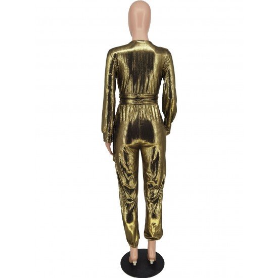  Pure Color V Neck Gilded Women's Jumpsuit