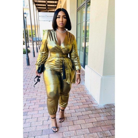  Pure Color V Neck Gilded Women's Jumpsuit