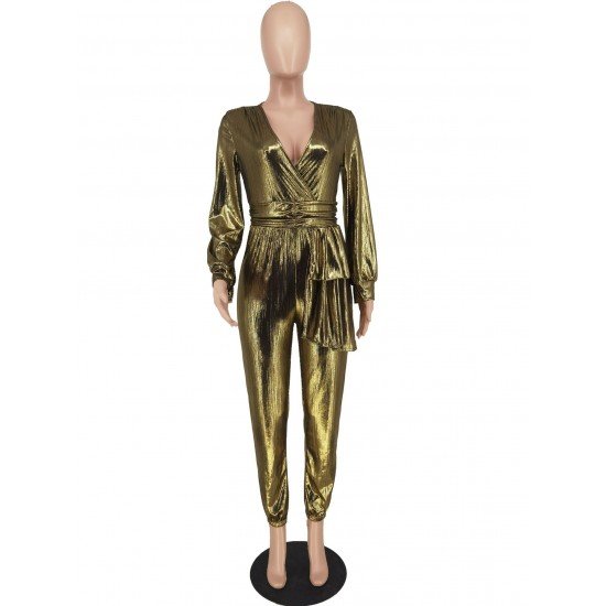  Pure Color V Neck Gilded Women's Jumpsuit