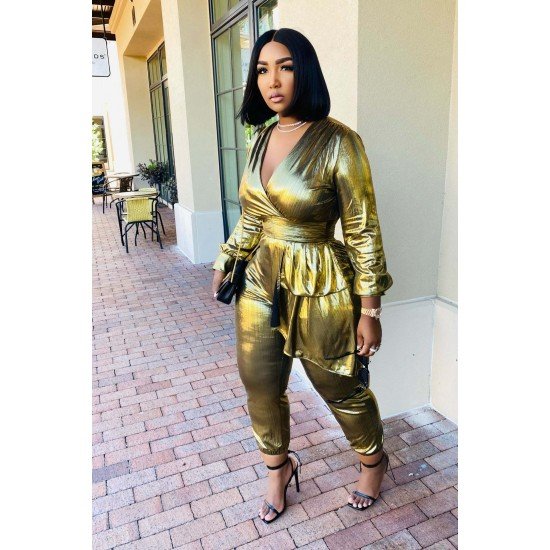  Pure Color V Neck Gilded Women's Jumpsuit