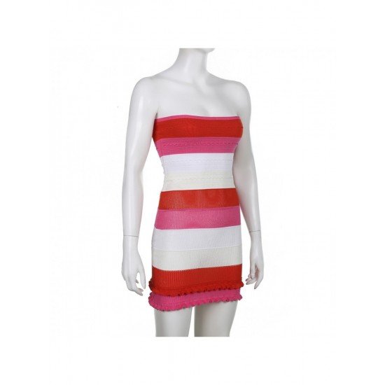 Trendy Solid Striped Strapless Bodycon Short Dress