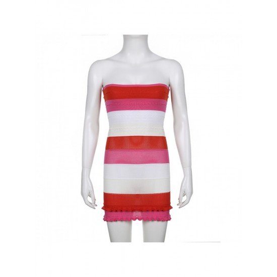 Trendy Solid Striped Strapless Bodycon Short Dress