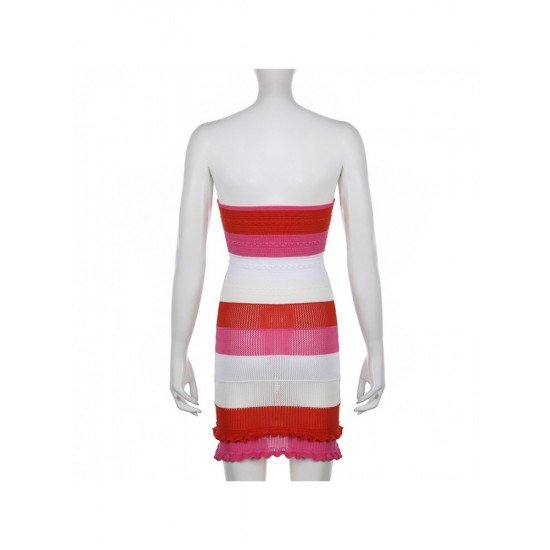 Trendy Solid Striped Strapless Bodycon Short Dress