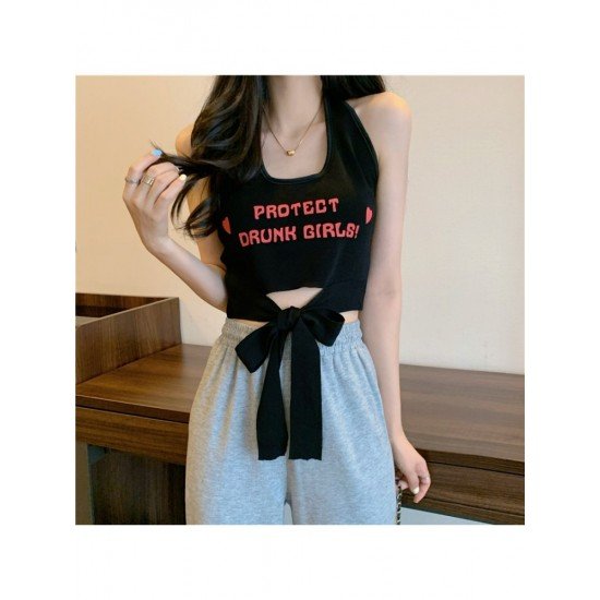 Casual Tie Wrap Letter Printed Crop Tank Tops