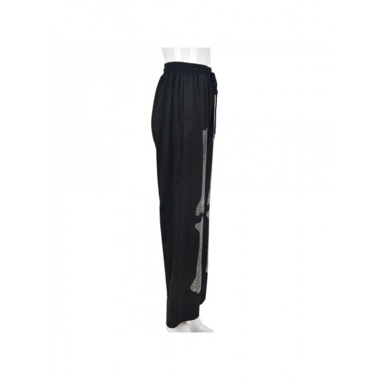 Hot Drilling Black Drawstring Trousers For Women