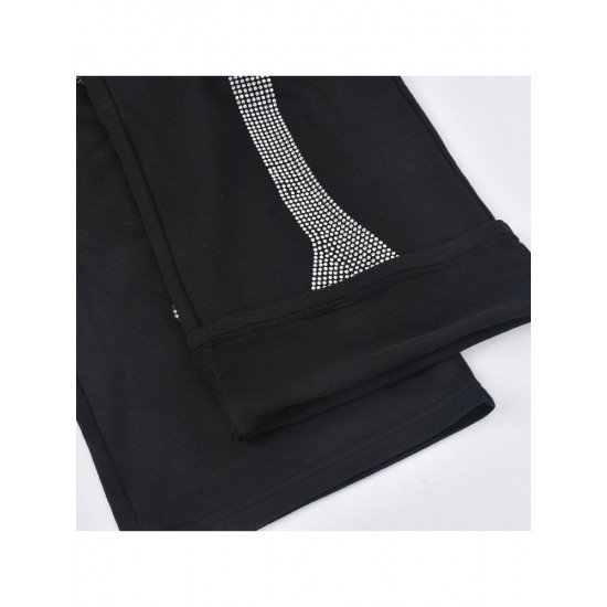 Hot Drilling Black Drawstring Trousers For Women