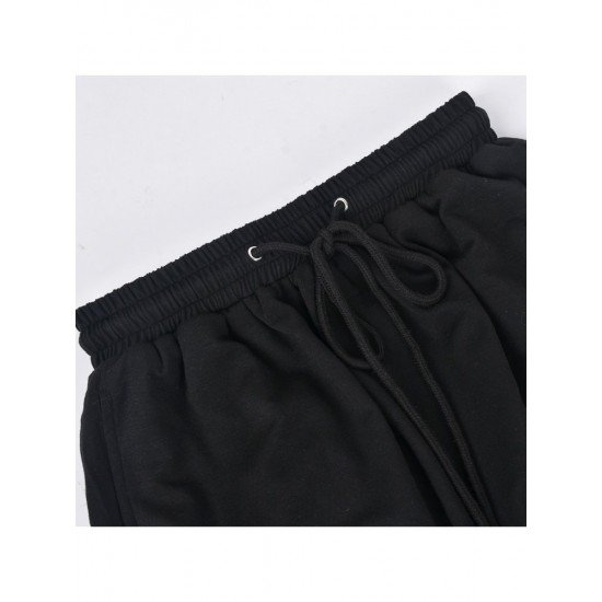 Hot Drilling Black Drawstring Trousers For Women