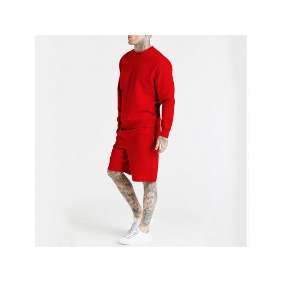  Leisure Round Neck Pure Color Men's Shorts Suit