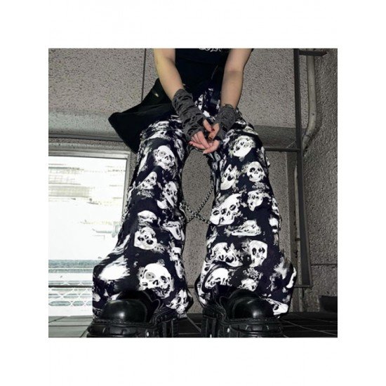  Dark Skull Print Chain Casual Loose Pants