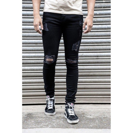 Men Black Ripped Pencil Jean Trousers