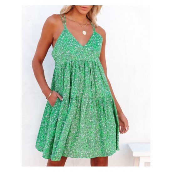  Casual V Neck Backless Floral Sleeveless Dress