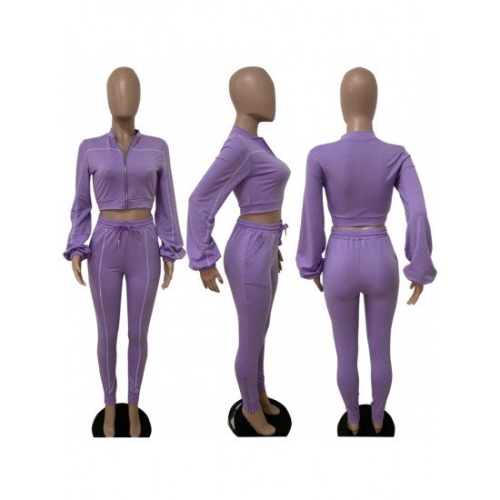  Pure Color Zipper Top And Trouser Women's Sets