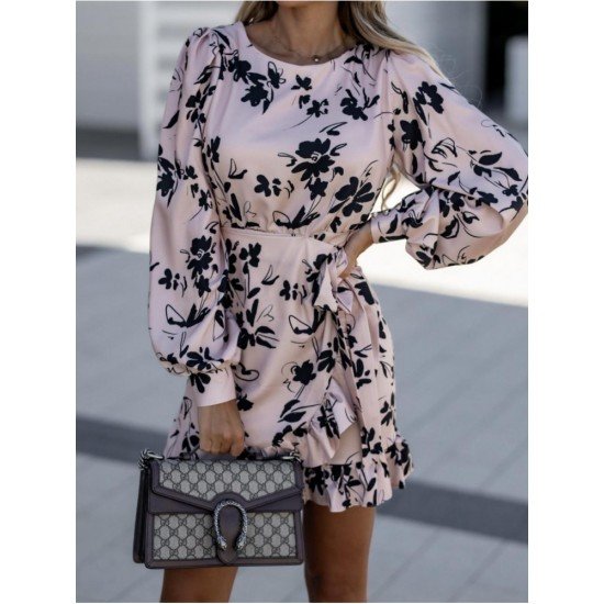  Casual Round Neck Lantern Sleeve Women's Short Dress