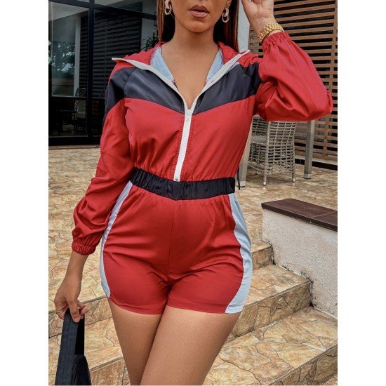  Casual Colorblock Hooded Zipper Women's Rompers