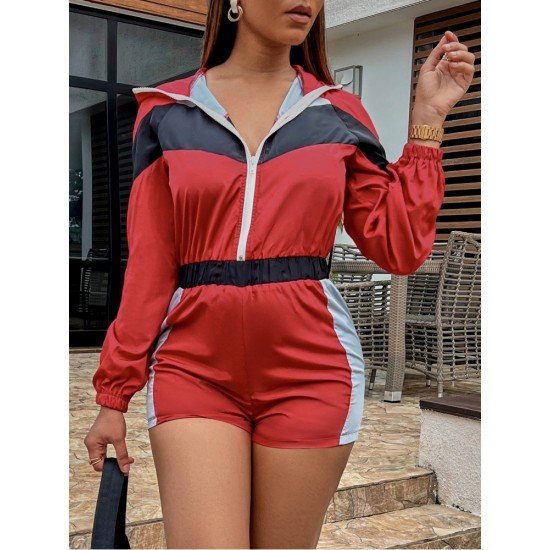  Casual Colorblock Hooded Zipper Women's Rompers