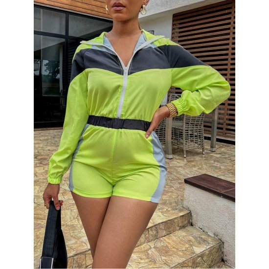  Casual Colorblock Hooded Zipper Women's Rompers