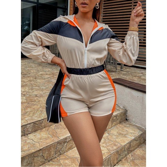  Casual Colorblock Hooded Zipper Women's Rompers