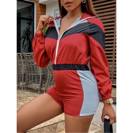  Casual Colorblock Hooded Zipper Women's Rompers