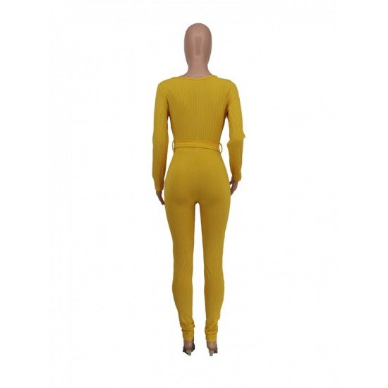  Skinny Pure Color Women's Long Sleeve Jumpsuit