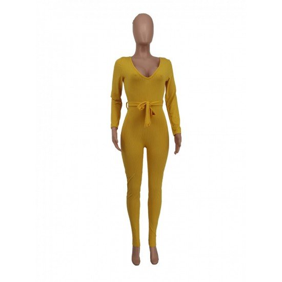  Skinny Pure Color Women's Long Sleeve Jumpsuit