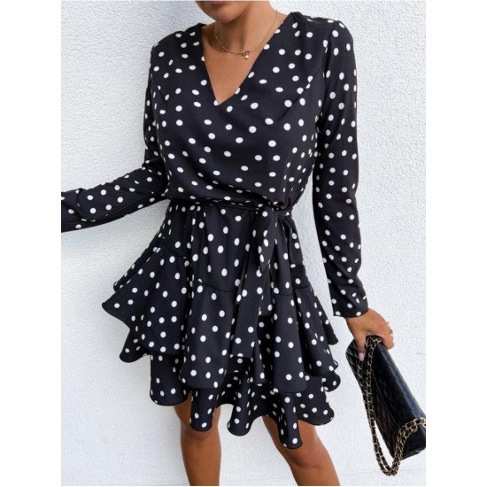 V Neck Ruffles Dots Leopard Short Dresses