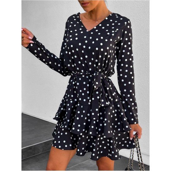 V Neck Ruffles Dots Leopard Short Dresses