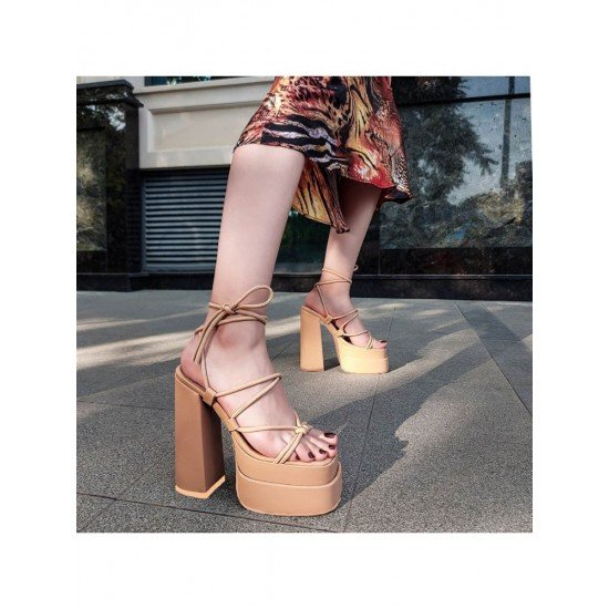 Ladies Lace Up Platform Chunky Heeled Sandals 