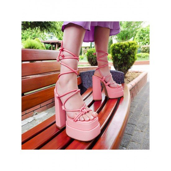 Ladies Lace Up Platform Chunky Heeled Sandals 