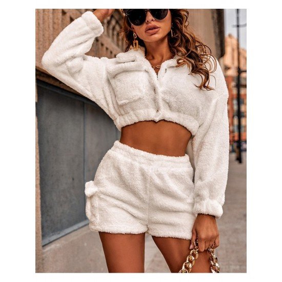 Ladies White Solid Matching 2 Piece Outfit Sets