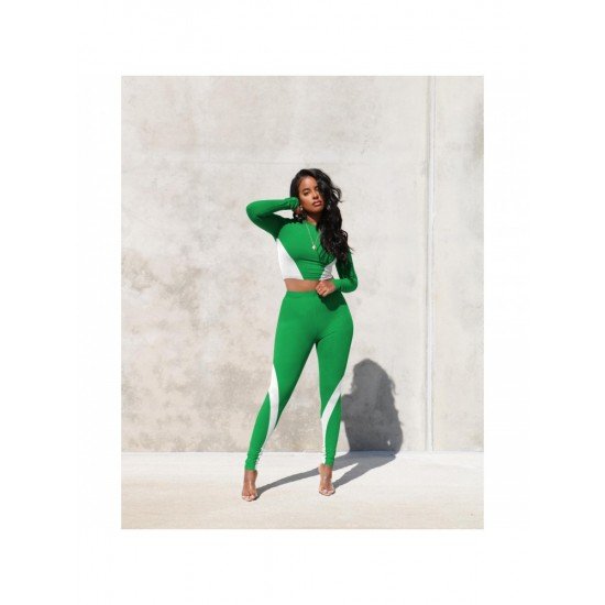 Color Blocking Long Sleeve Cropped Top And Trouser Sets