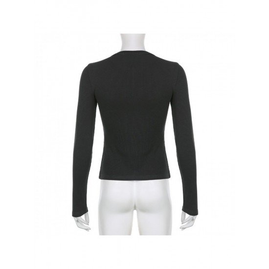 Simple Fitted Solid Ribbed Long Sleeve Tops