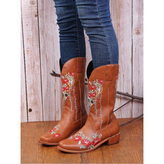  Round Toe Embroidery Women's Leather Medium Boots