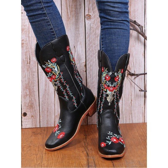  Round Toe Embroidery Women's Leather Medium Boots