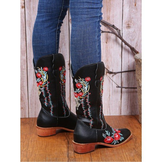  Round Toe Embroidery Women's Leather Medium Boots