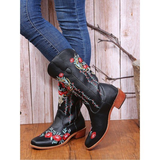  Round Toe Embroidery Women's Leather Medium Boots