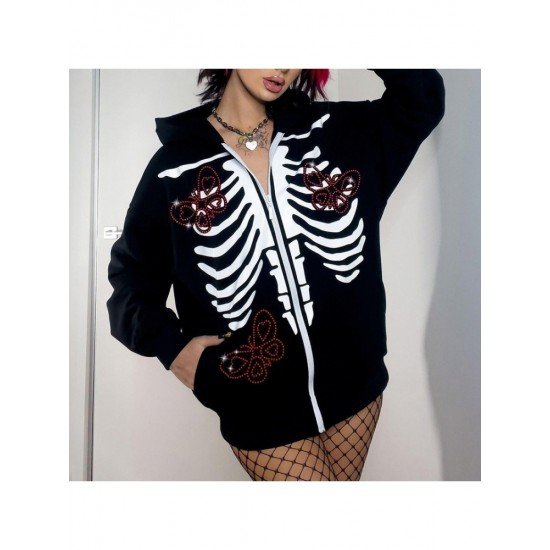 Butterfly Pattern Skeleton Black Oversized Hooded Coats