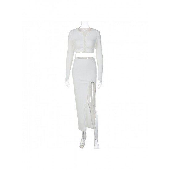 Ladies Matching White Slit Maxi Skirt And Top Sets