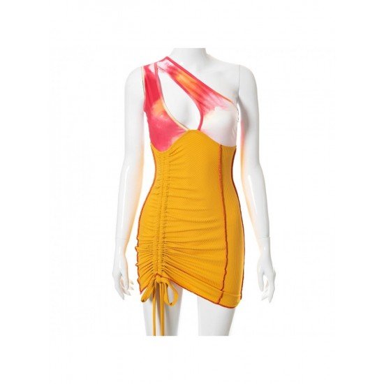 Sexy Tie-Dye Cutout One Shoulder Drawstring Mini Dress