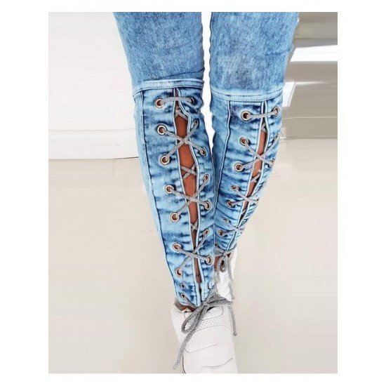  Pure Color Patchwork Denim Jeans For Women