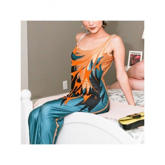 Sexy Backless Printed Sleeveless Spaghetti Straps Maxi Dress
