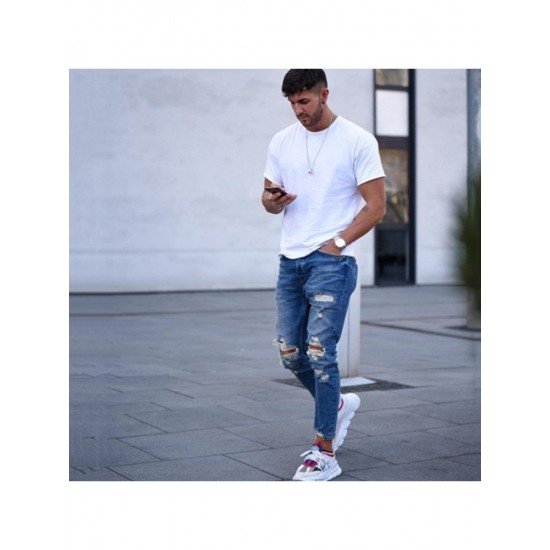 High Waist Blue Ripped Loose Pencil Jeans For Men