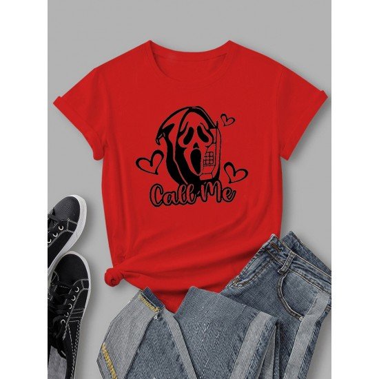 Ghost Heart Graphic Crew Neck Short Sleeve Women T Shirts