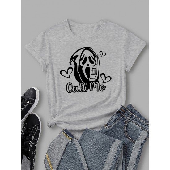 Ghost Heart Graphic Crew Neck Short Sleeve Women T Shirts