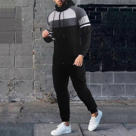  Casual Hooded Contrast Color Men's Two-Piece Set